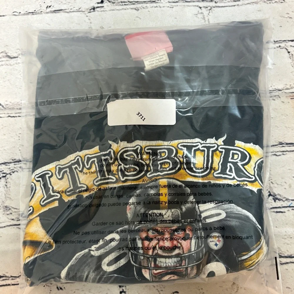 VTG NFL Pittsburgh Steelers Graphic T-Shirt Black Mens XL Football Flaming Ball